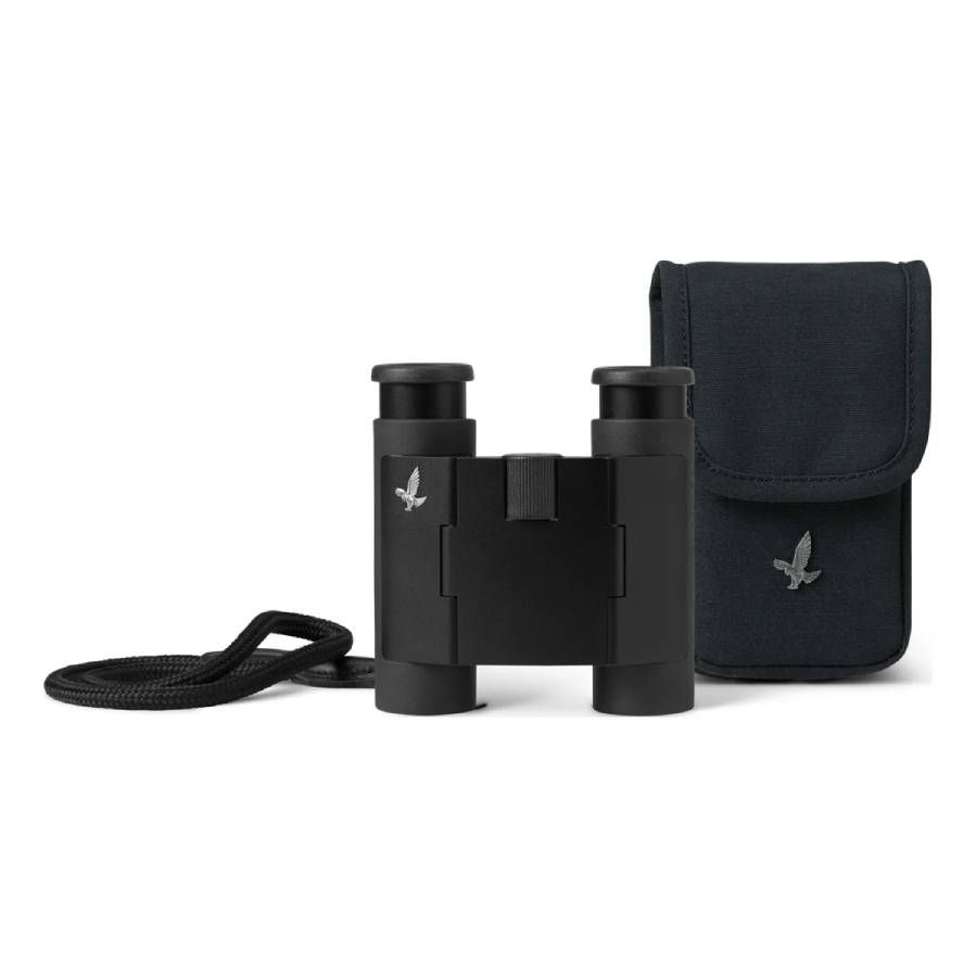 Swarovski 7x21 CL Curio compact binoculars - Black - Product Photo 2 - Front view of the binoculars partially folded with the leash attached and the carry case behind