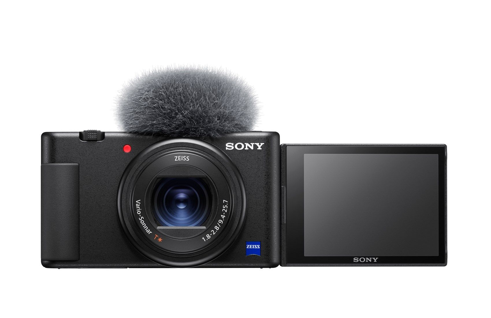 Sony ZV-1 Compact Digital Camera 4K UHD - Black With Wireless Remote Commander GP-VPT2BT - Product Photo 7 - Front view of the camera with the screen extended and microphone wind shield attached