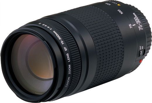 Canon EF 75-300mm F4-5.6 III DSLR Telephoto Lens - Product Photo 3 - Alternative side view with close up details of the glass and focus ring