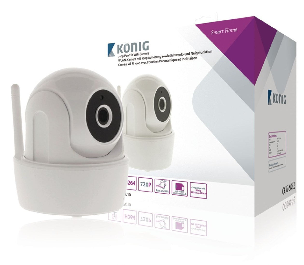 Product Image of Konig IP camera 720p Pan Tilt ABS Wi-Fi Camera for SAS-CLALARM10 - White