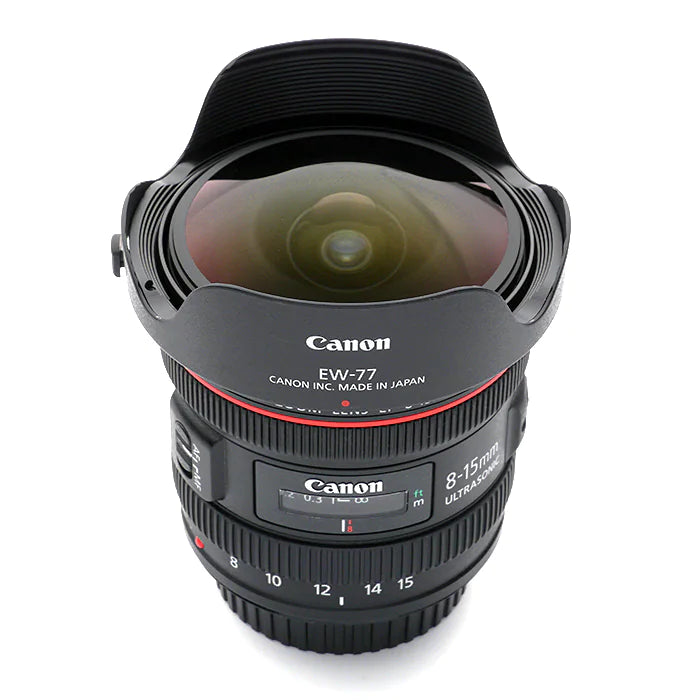 Canon EF 8-15mm f4 L Fisheye USM Lens - Product Photo 6 - Stand up view with emphasis on the glass and focus dials