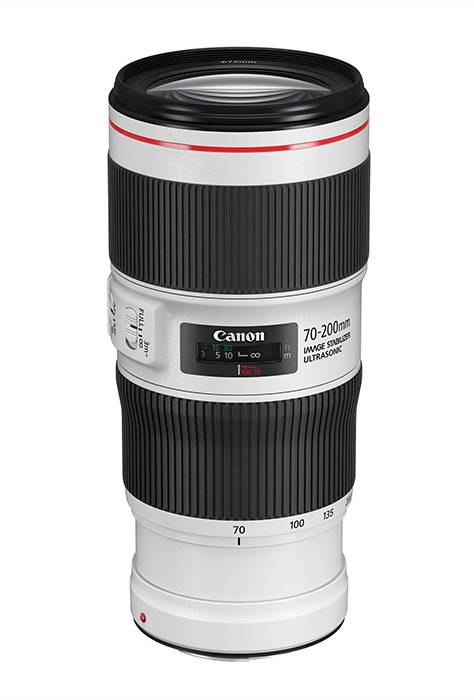 Canon EF 70-200mm f4L IS II USM Lens - Product Photo 1 - Stand up view with focus on the glass, controls and focus rings
