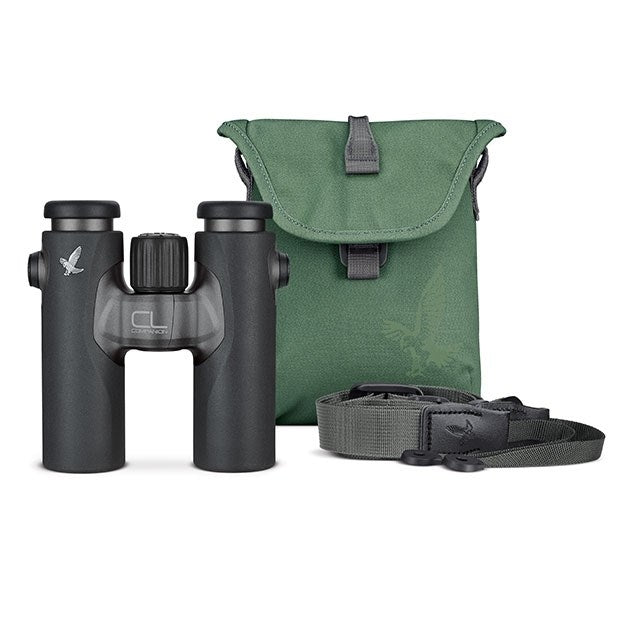 Swarovski Cl Companion 10x30 Binoculars - Anthracite with Urban Jungle Accessory Pack - Top down view of the binoculars, accessory pack, carry case and harness