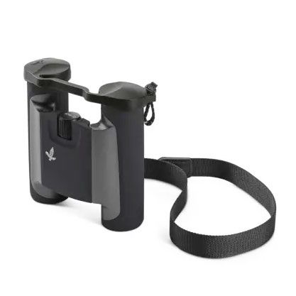 Swarovski CL 8x25 Pocket Binoculars Anthracite with Mountain Accessory Pack - Product photo with the dust cover and leash attached