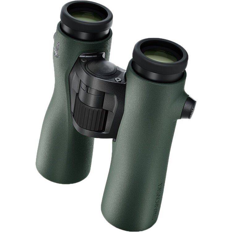 Swarovski NL Pure 12x42 Binoculars - Green - Product Photo 2 - Top down, rear view of the binoculars showing the glass of the eye piece, focus dial and folding mechanism