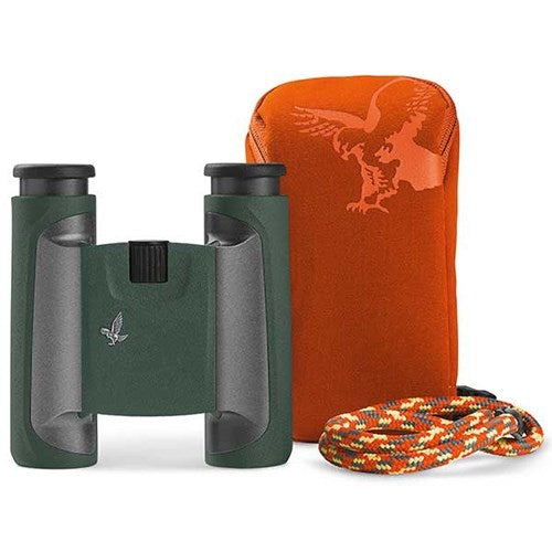 Swarovski CL 10x25 Pocket Binoculars Green with Mountain Accessory Pack - Product Photo 1 - Front view of the complete kit. Binoculars, Carry Case and Leash
