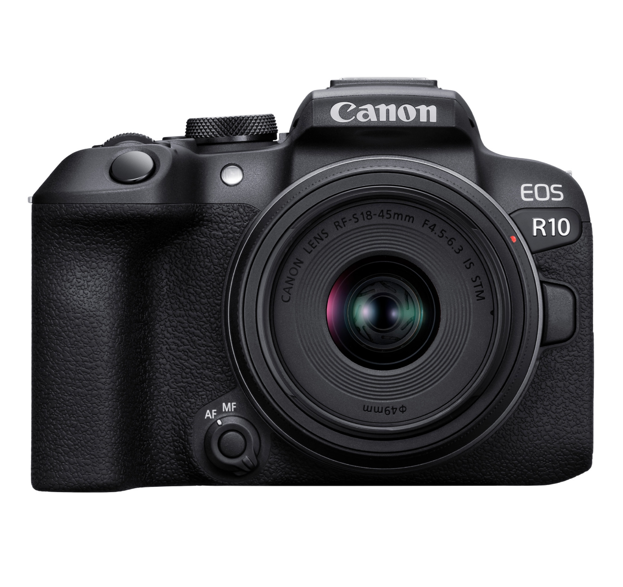 Canon EOS R10 Mirrorless Camera + RF-S 18-45mm lens Kit - Product photo 1 - Front view of the camera with the lens attached