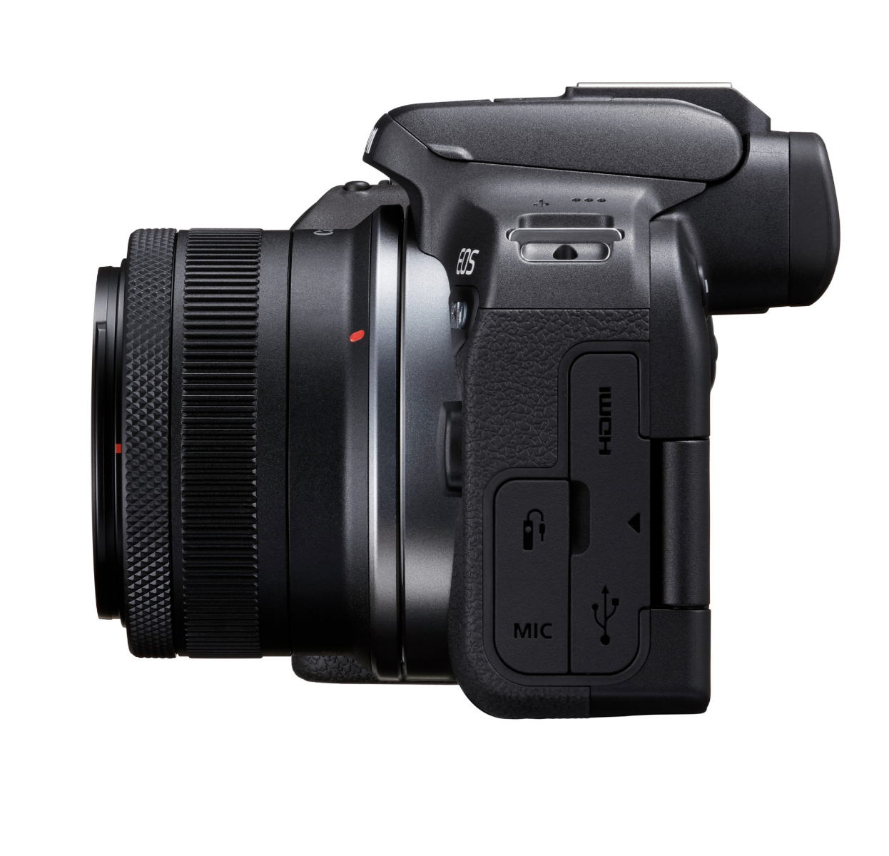 Canon EOS R10 Mirrorless Camera + RF-S 18-45mm lens Kit - Product photo 3 - Side view of the camera with the lens attached and input / output ports visible