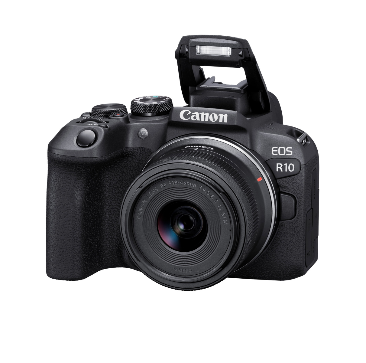 Canon EOS R10 Mirrorless Camera + RF-S 18-45mm lens Kit - Product photo 4 - Front side view of the camera with the inbuilt flash extended
