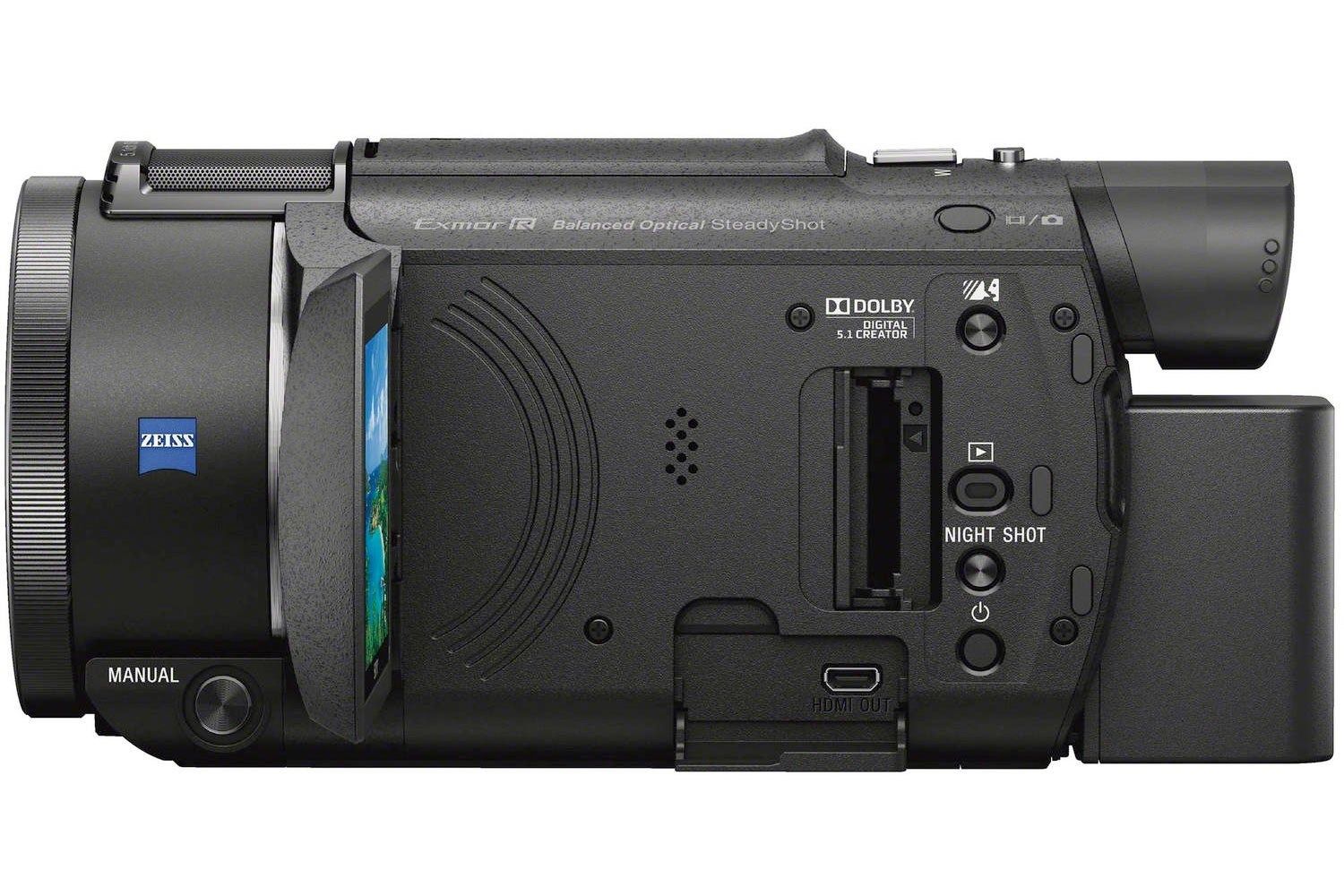 Sony Handycam Camcorder FDR-AX53, 4K, Ultra HD, (Black) Camera - Product Photo 2 - Side view of the camera unit with the controls visible and the screen extended