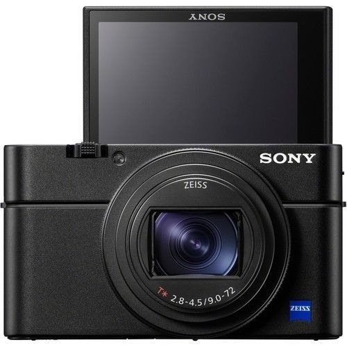 Sony Cybershot RX100 VII Compact Camera - Black - Product Photo 3 - Front view with the screen vertically extended