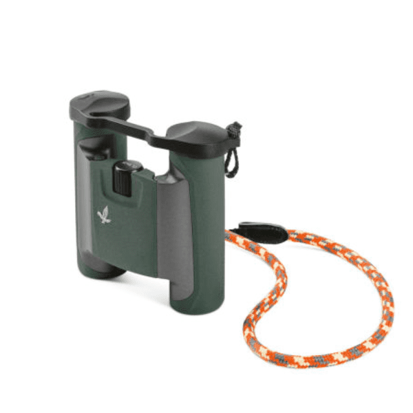 Swarovski CL 10x25 Pocket Binoculars Green with Mountain Accessory Pack - Product Photo 6 - Stand up view of the binoculars with the leash attached