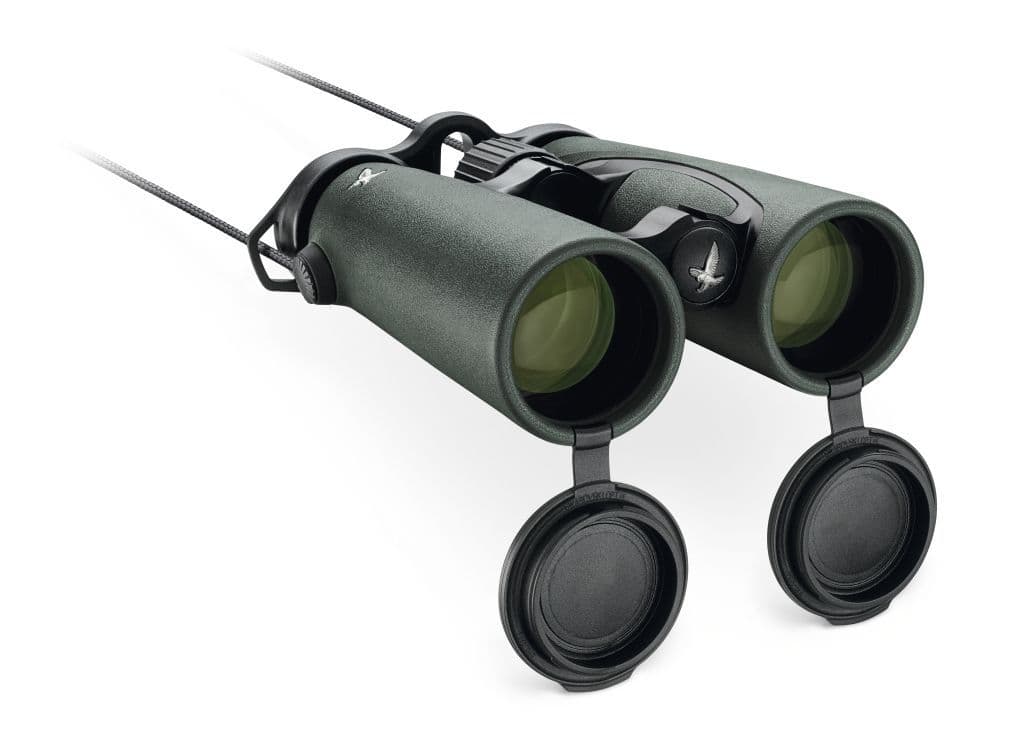 Swarovski 10x50 EL50 FieldPro Binoculars (Green) - Product Photo 8 - Close up of the front of the binoculars with the lens protectors visible