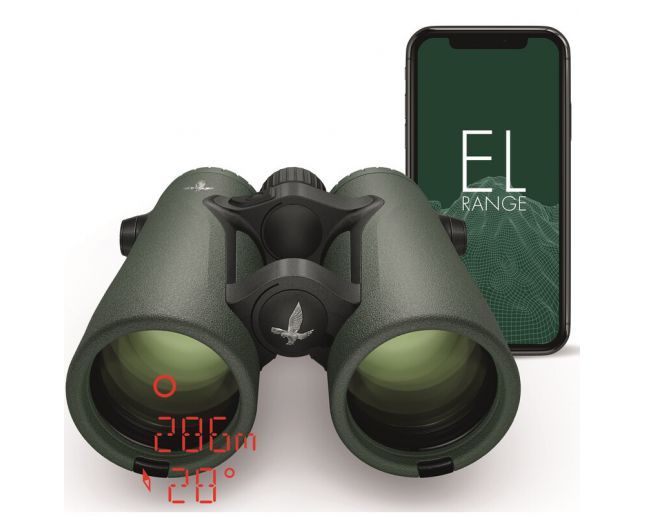 Swarovski EL RANGE 8x42 TA Binoculars - Product Photo 2 - Front view of the optics and phone showing the connectivity to the app