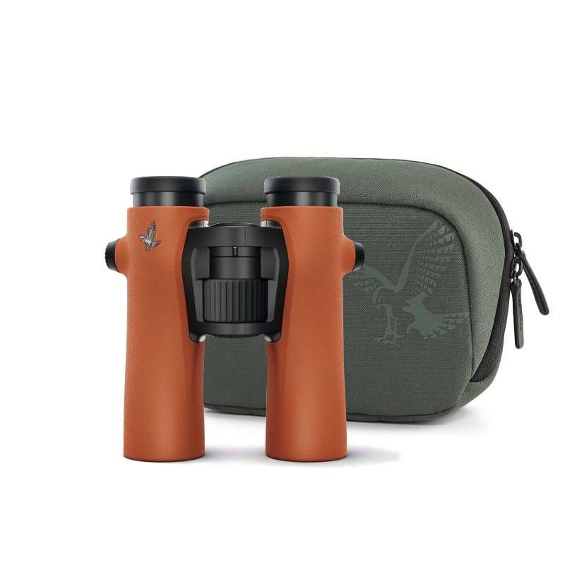 Swarovski NL Pure 10x32 Waterproof Binoculars - Burnt Orange - Product Photo 1 - Stand up view of the binoculars and carry case
