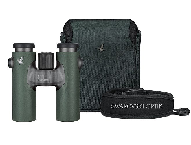 Swarovski 8x30 CL Companion Binocular - Green with Wild Nature Accessory Pack - Top down view of the binoculars and accessory pack including the case and harness