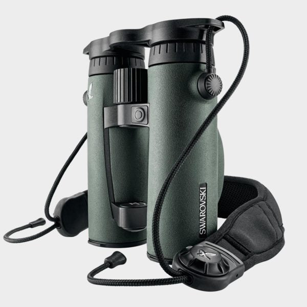 Swarovski 10x42 Field Pro EL Swarovision binoculars - Product Photo 4 - Standup closeup of the binoculars with harness attached