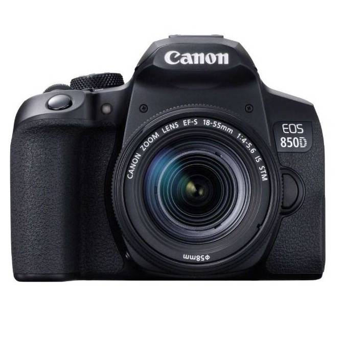 Canon EOS 850D DSLR Camera with EF-S 18-55mm f/4-5.6 IS STM Lens Kit - Front view of the camera with lens attached