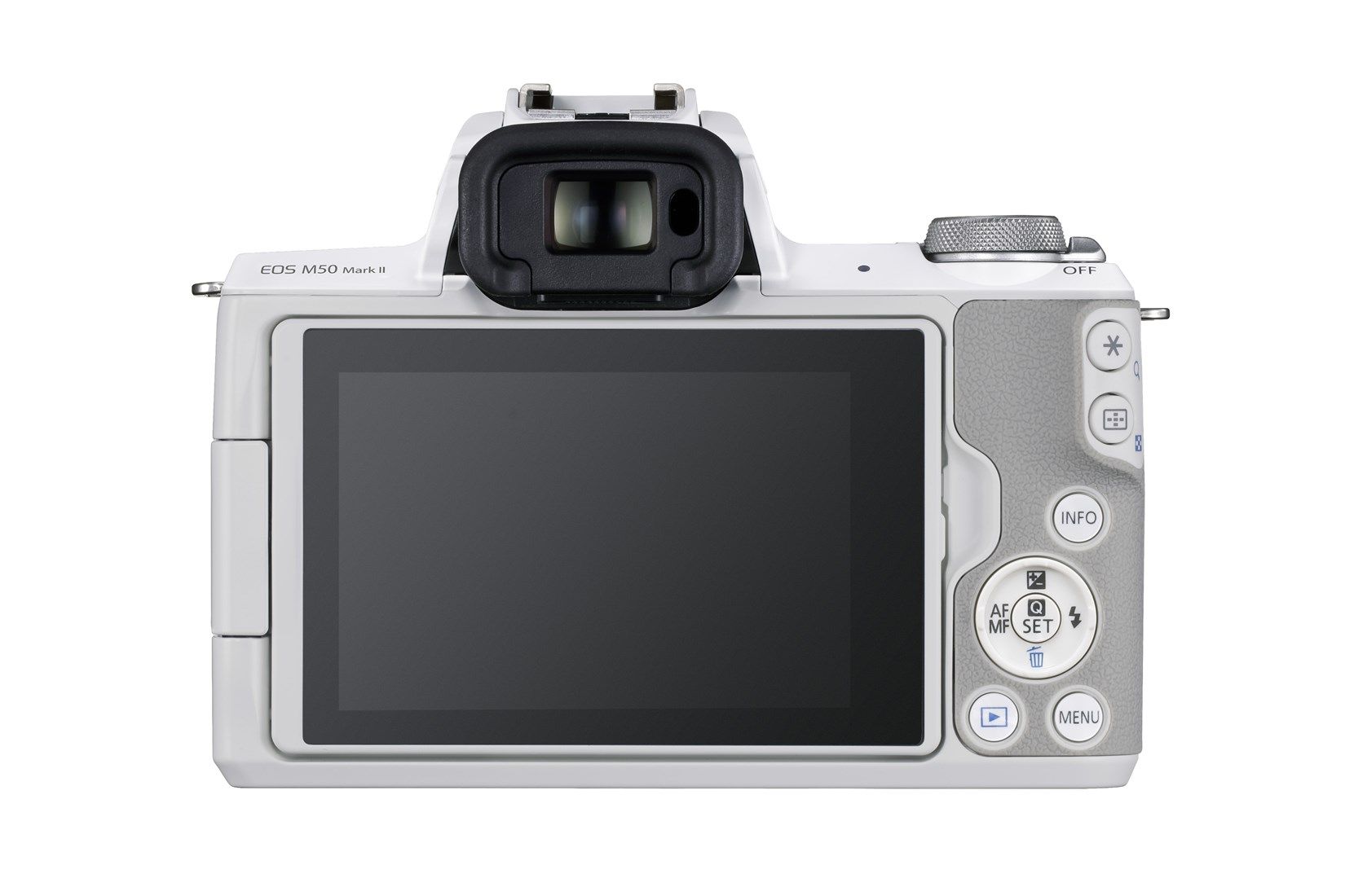 Canon EOS M50 Mark II Camera with EF-M 15-45mm Lens Kit - White - Product Photo 2 - Rear view of the camera with the screen rotated into it's natural viewing position. Viewfinder and controls visible