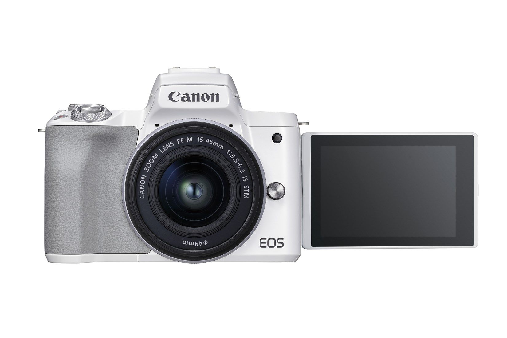 Canon EOS M50 Mark II Camera with EF-M 15-45mm Lens Kit - White - Product Photo 3 - Front view of the camera with the lens attached and screen fully extended