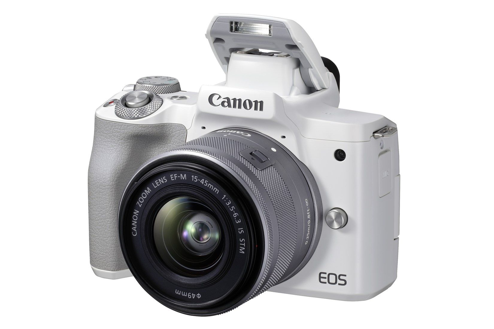 Canon EOS M50 Mark II Camera with EF-M 15-45mm Lens Kit - White - Product Photo 6 - Front side view of the camera with it's inbuilt flash extended