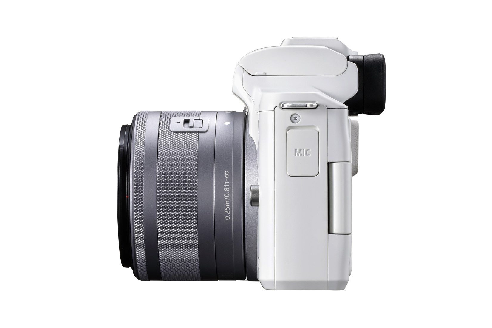 Canon EOS M50 Mark II Camera with EF-M 15-45mm Lens Kit - White - Product Photo 8 - Side profile view with the lens attached